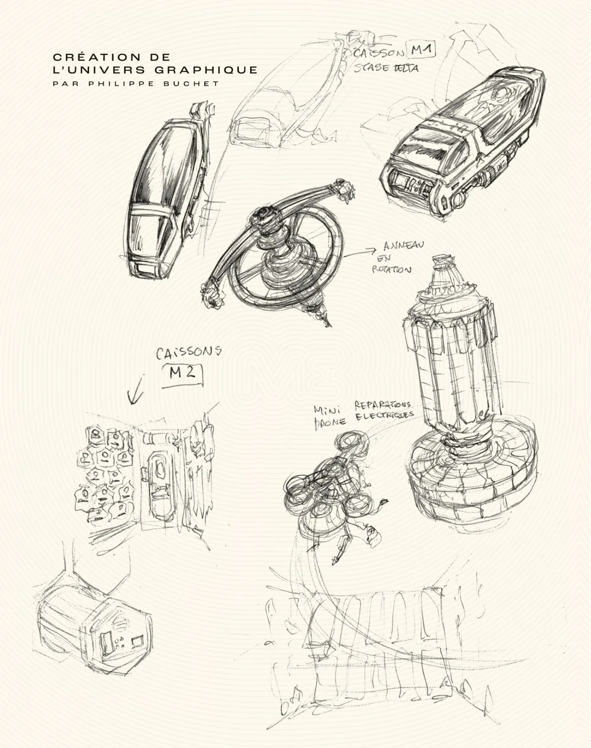 Création de l'univers graphique par Philippe Buchet : crayonnés de caissons de stase, de la station à anneau en rotation et d'un mini-drone