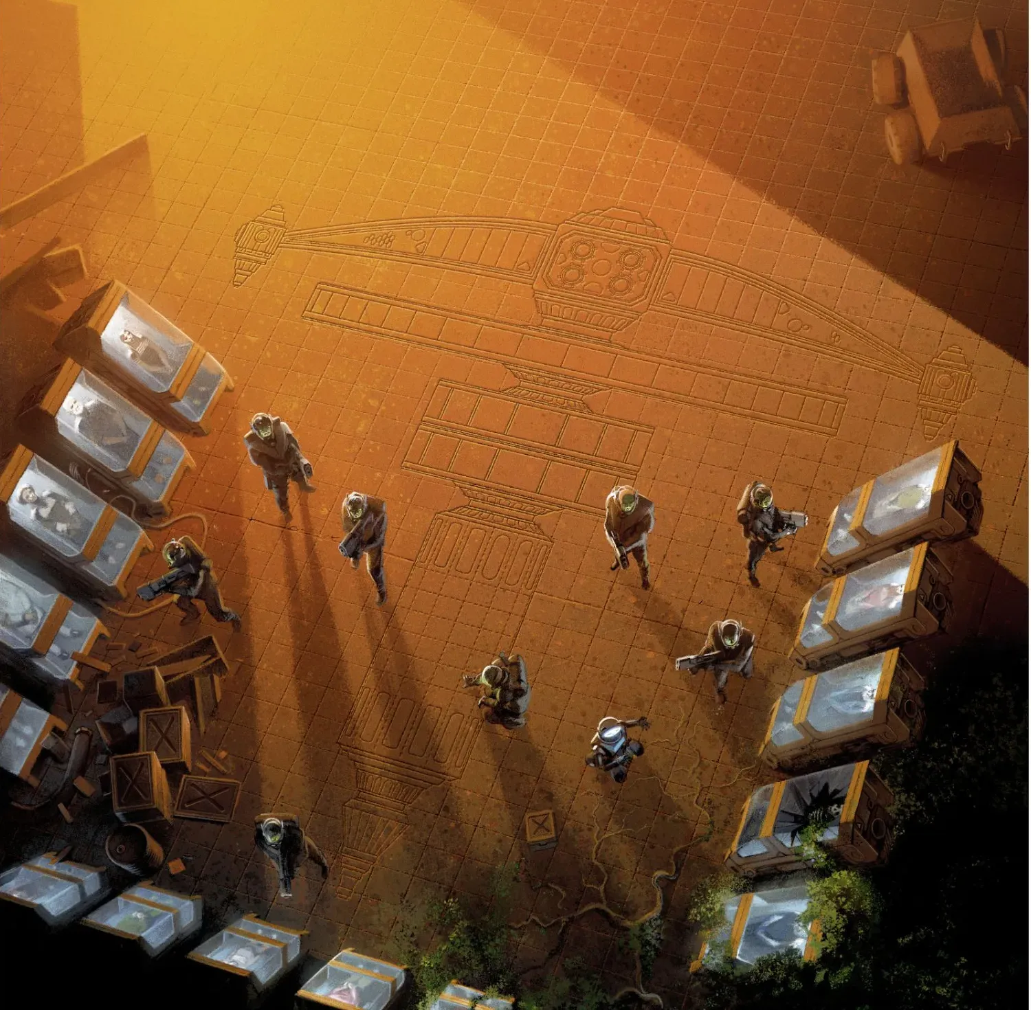 Vue plongeante : des explorateurs en combinaison avancent entre des caissons de cryogénisation, sur un sol orangé gravé du plan de la station